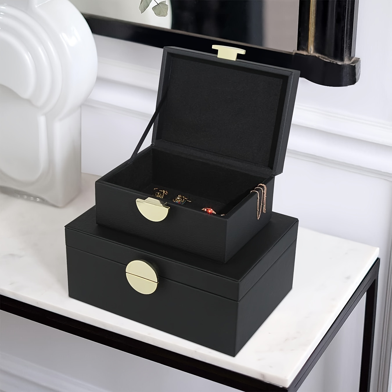 

Set Of 2 Pieces Faux Leather Jewelry Boxes, Storage Accessory Organizer With Decor, Classic Leather (black)