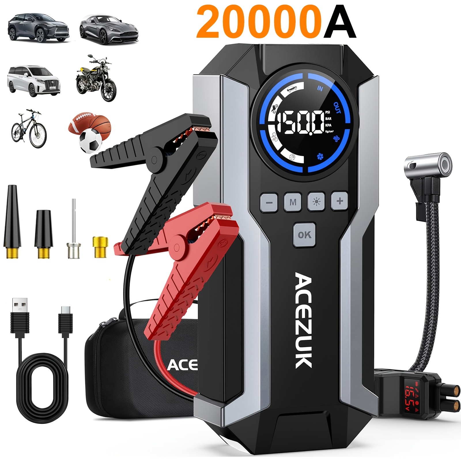TEMU Avviatore di Emergenza per Auto con Compressore d'Aria 150PSI, Gonfiatore Pneumatici, Jump Box Portatile 12V per Motori a Benzina e Diesel da