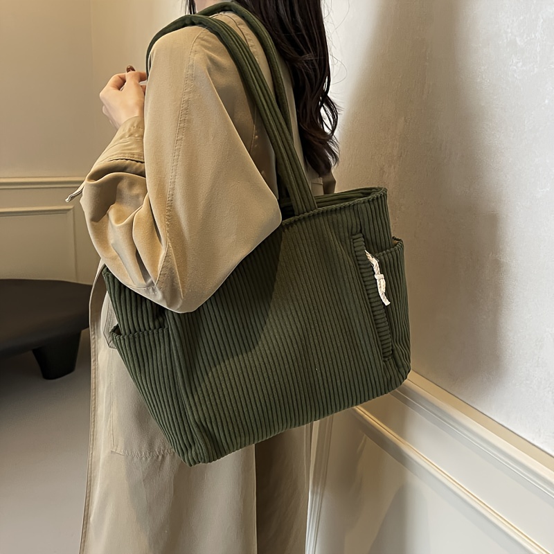 TEMU Chic Corduroy Tote Bag For Women - Spacious Shoulder & Crossbody Handbag With Zip Closure, Solid Color, Foldable Design, Polyester Lined, Fashion Accessory In Olive