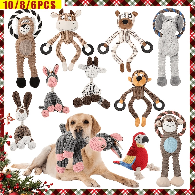TEMU 10/8/6pcs Durable Squeaky Dog Toy With Rope & Plush Animal Print - Ideal For Aggressive Chewers, Interactive Breeds, No Batteries Required, Dog
