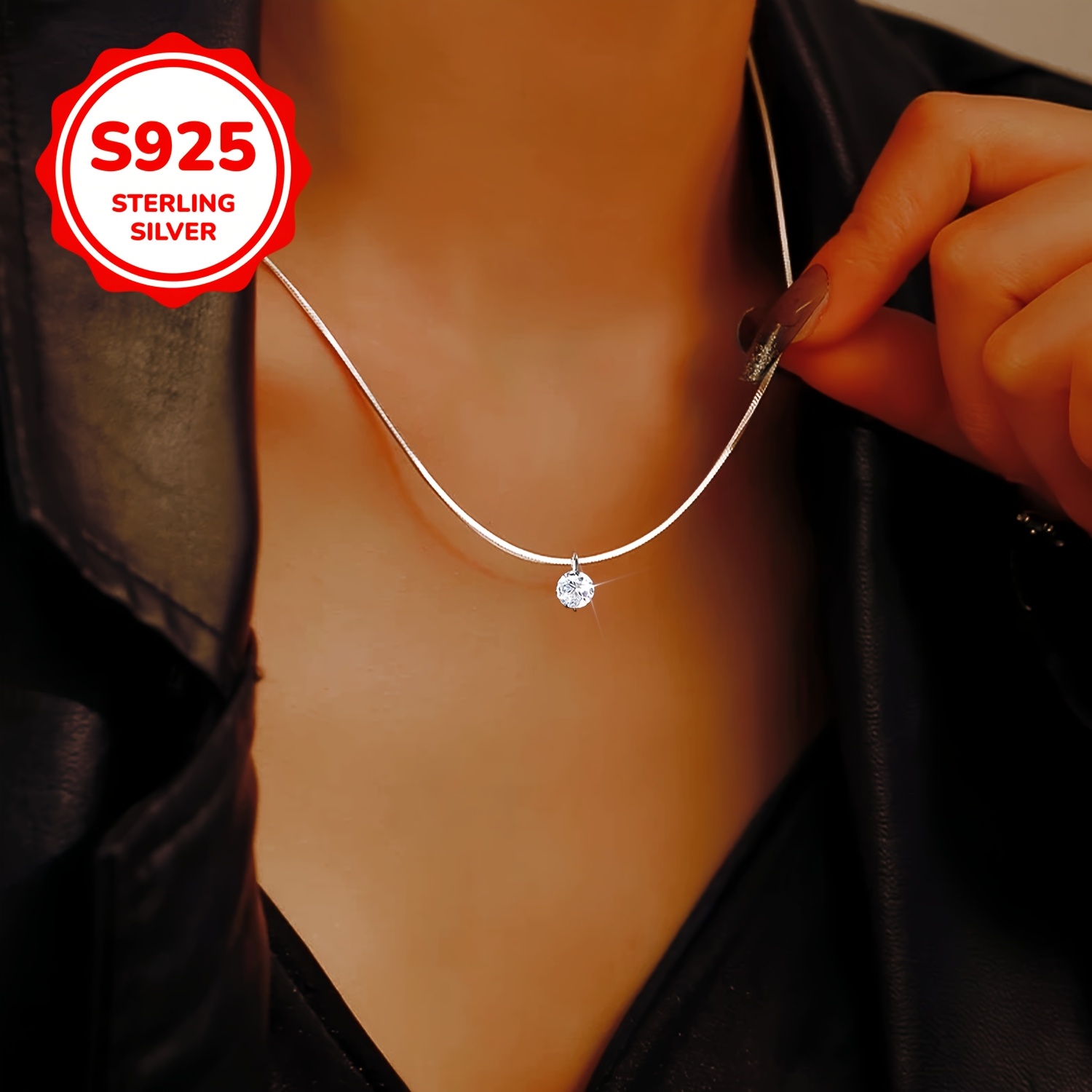 Women's S925 Sterling Silver Snake Chain Necklace with Cubic Zirconia Pendant