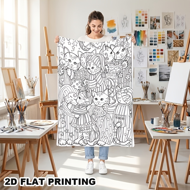 TEMU Couverture en flanelle style coloriage pour adulte, motif de chat pyjama de dessin animé américain en dessin au trait , couverture de pour
