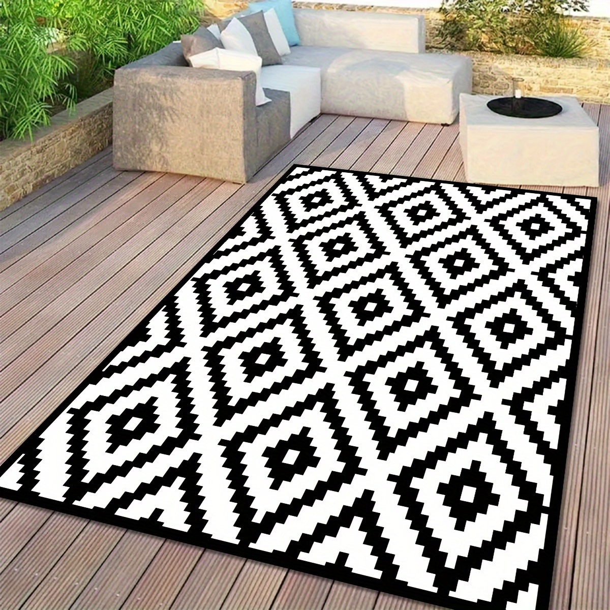 Image of 1pc, Modern Minimalist Black And White Mosaic Style Grid Pattern Durable Large Outdoor Rug, Suitable For Camping Picnic Balcony Mat, Soft Lawn Carpet, Ideal For Hall Living Room Outdoor Foot Mat