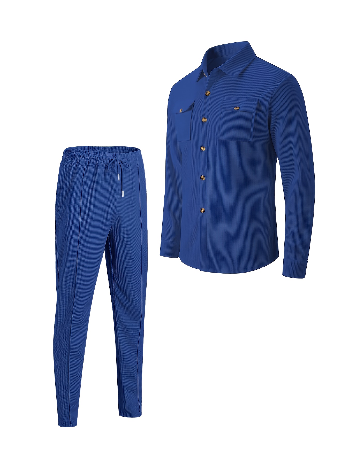 Conjunto Casual de Waffle para Hombre para las Cuatro Estaciones | Camisa Abotonada con Cuello Solapa, Bolsillo Doble en el Pecho, Manga Larga, Pantalones Largos, Conjunto de Dos Piezas, Ropa Versátil para Exteriores, Ligero, Sin Arrugas, Portátil - Imagen 8