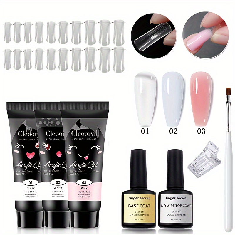 

8-piece Acrylic Nail Extension Set With 3 Colors, Base Coat, Top Coat, Nail Clips, And Brush - Suitable For Diy Nail Art Or Professional Use - Low Allergenic