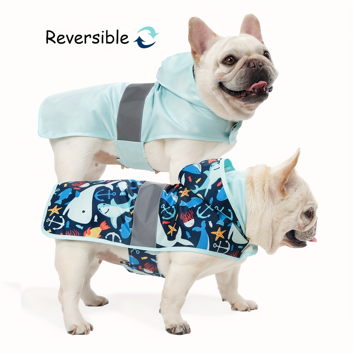 1pc Reversible Dog Raincoat With Hood, Cute Shark Print Reflective Jacket, Adjustable Rain Gear For Small Medium Dogs