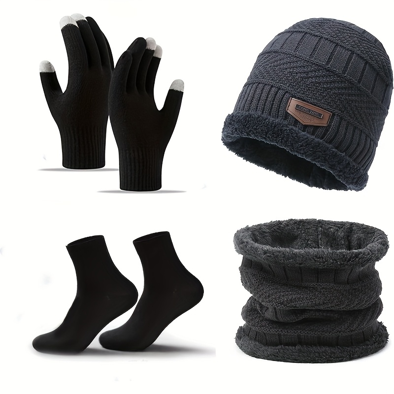 TEMU Suit Hat Men's Winter Scarf, Gloves, Socks, Four-piece Scarf, Neck Scarf, Warm Winter Sky Knit Hat