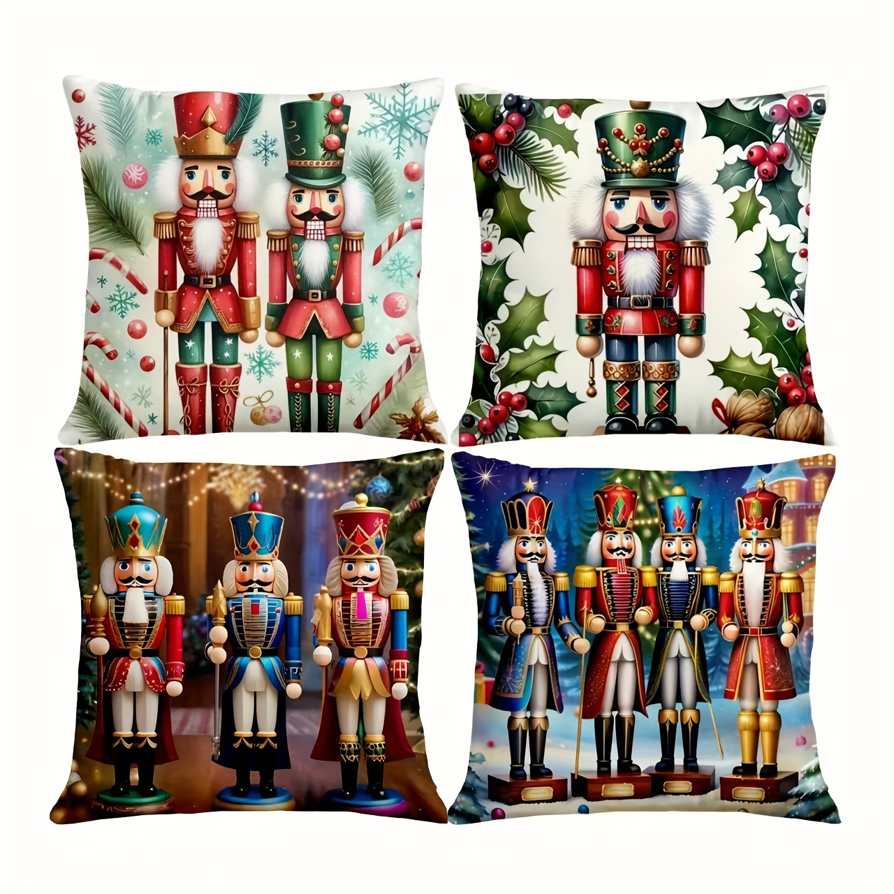 

4 Pcs Festive Nutcracker Pillow Covers - No Pillow Core, Contemporary Style, Hand Wash Only, Printed Design, Zipper Closure, Suitable For Various Room Types, Woven With Polyester Fabric