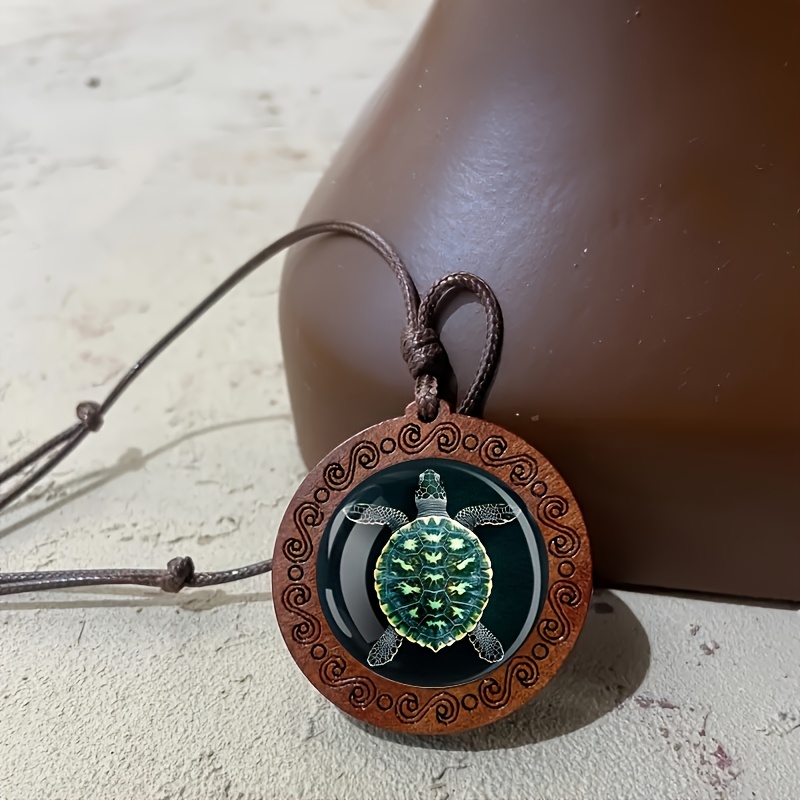 TEMU Bohemian Vintage Adjustable Wooden Pendant Necklace - Black And Turtle Design With Intricate Swirl Pattern, Unisex Natural Wooden Accessory, Unique Gift For Casual Wear, Polished Finish