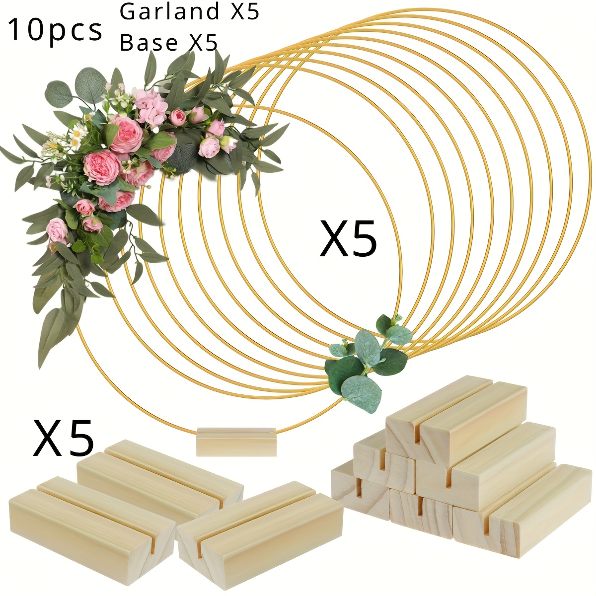 

10pièces Ensemble de centre de table en métal doré avec des supports en bois - Anneaux de couronne DIY pour les décorations de mariage, de fête et d'anniversaire