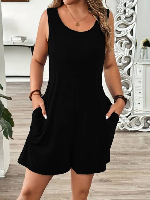 womens casual sleeveless jumpsuit loose fit round neck romper with pockets machine washable spring summer fall outfit elegant solid color breathable knitwear seasonal romper relaxed fit romper comfortable fashion