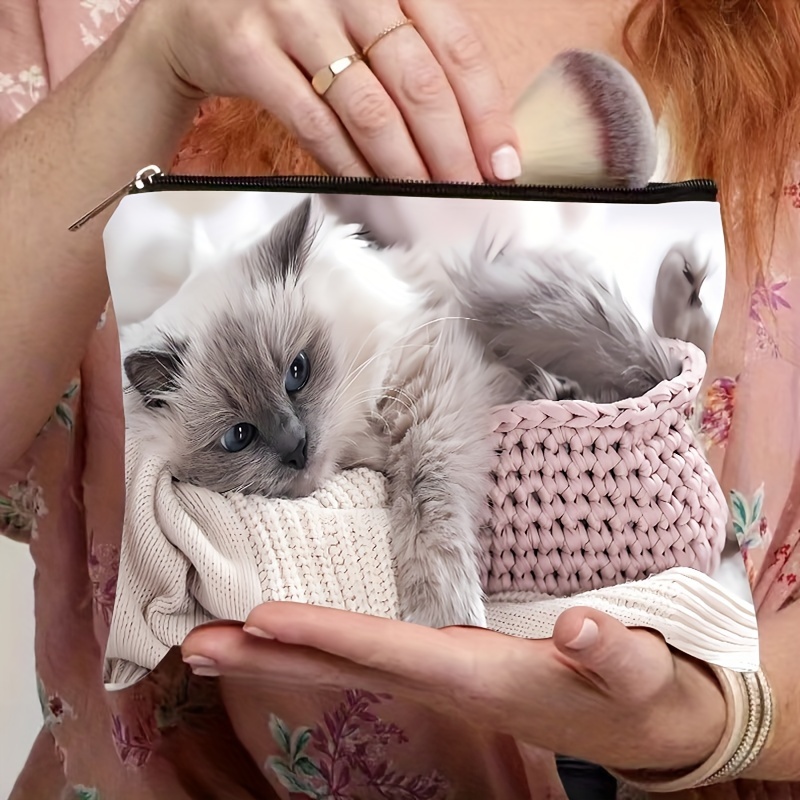 

1pc Canvas Cosmetic Bag With Cat Pattern, Non-waterproof, Unscented, Multi-functional Makeup Pouch With Safe Zipper For Women's Travel, Toiletry Organizer