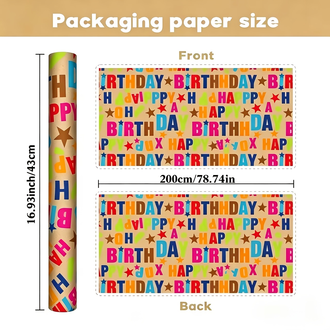 TEMU Colorful Happy Birthday Paper Roll, Vitality Star Pattern Birthday Gift Packaging Paper, Suitable For Birthday Parties, Gift Packaging Supplies,