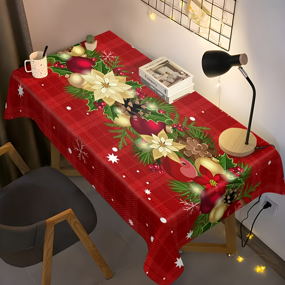 TEMU 1pc Red And White Plaid Christmas Decorative Printed Foldable And Easy-to-store Polyester Tablecloth, Suitable For Kitchen, Dining Room, And