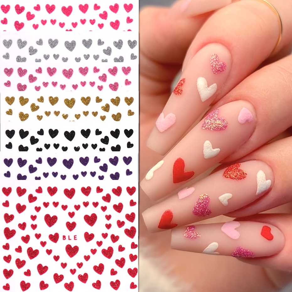 

7pcs Of Glitter Heart Valentine's Day Nail Stickers Ble Heart