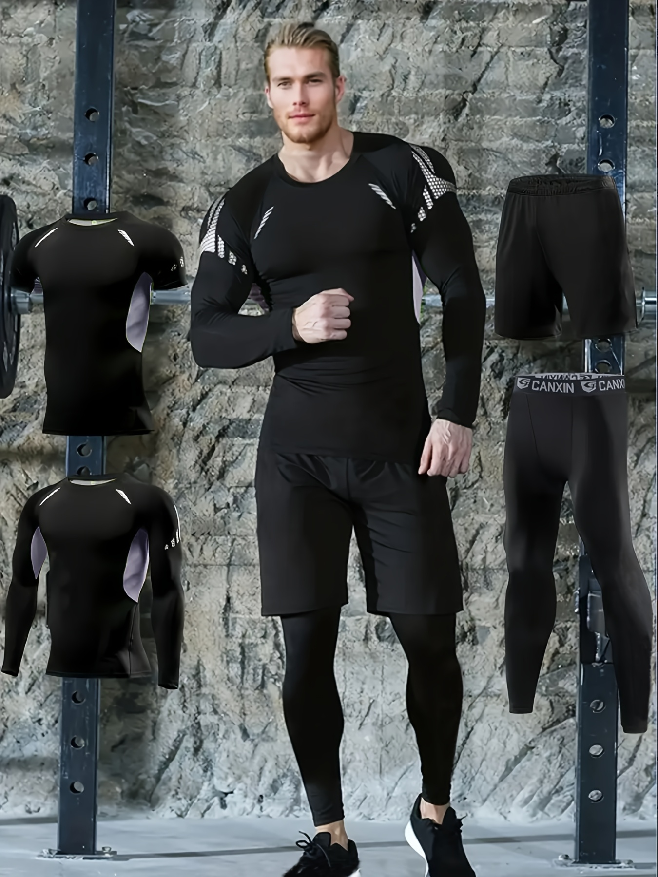 Tenue Compression Musculaire Set Sport Homme Maillot Manches