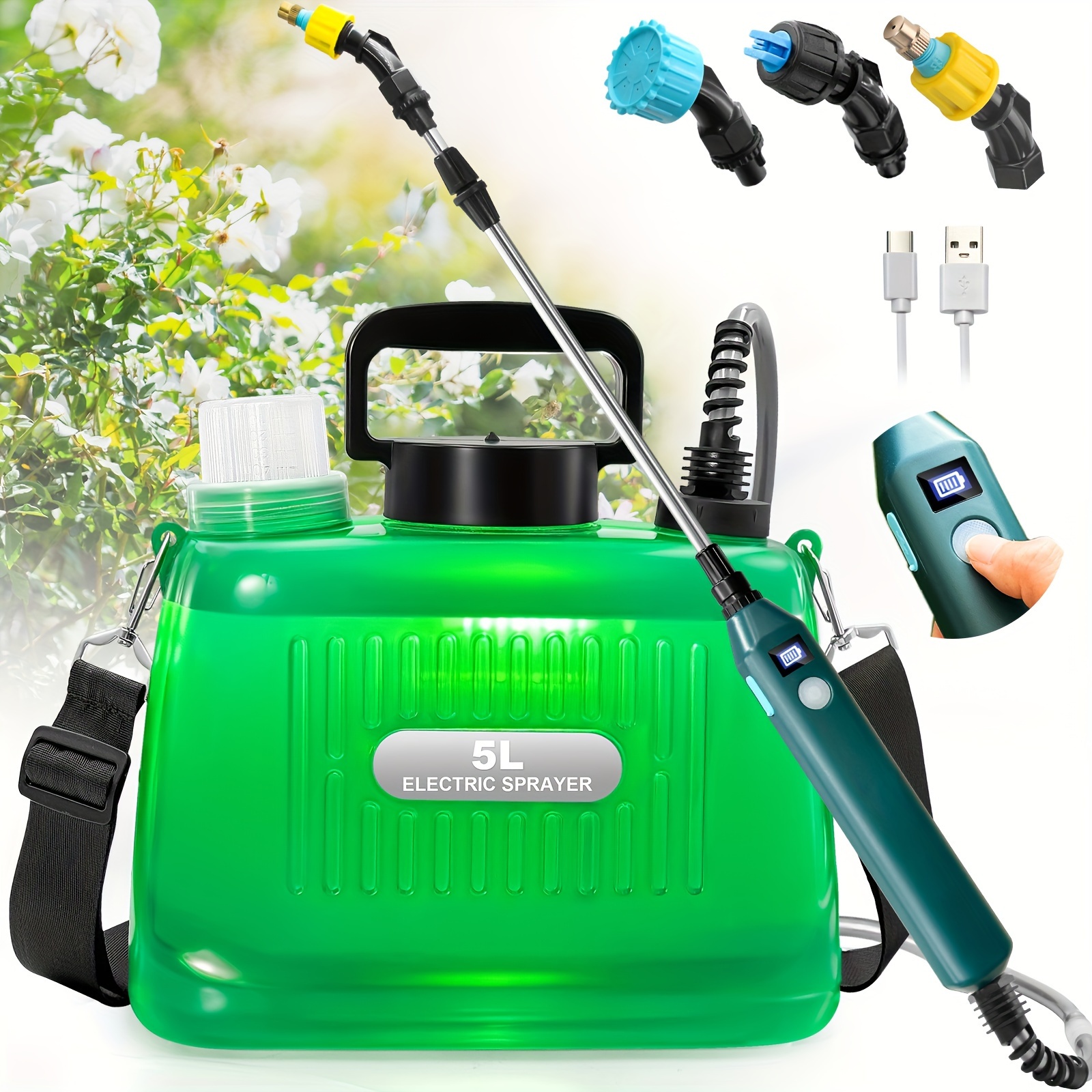 

Battery Powered Sprayer, Upgraded 1.35 Gallon Electric Garden Sprayer With Battery Indicator, 23.6" Telescopic Wand, 3 Mist Nozzles, Shoulder Type Sprayer For Yard, Lawn And Garden