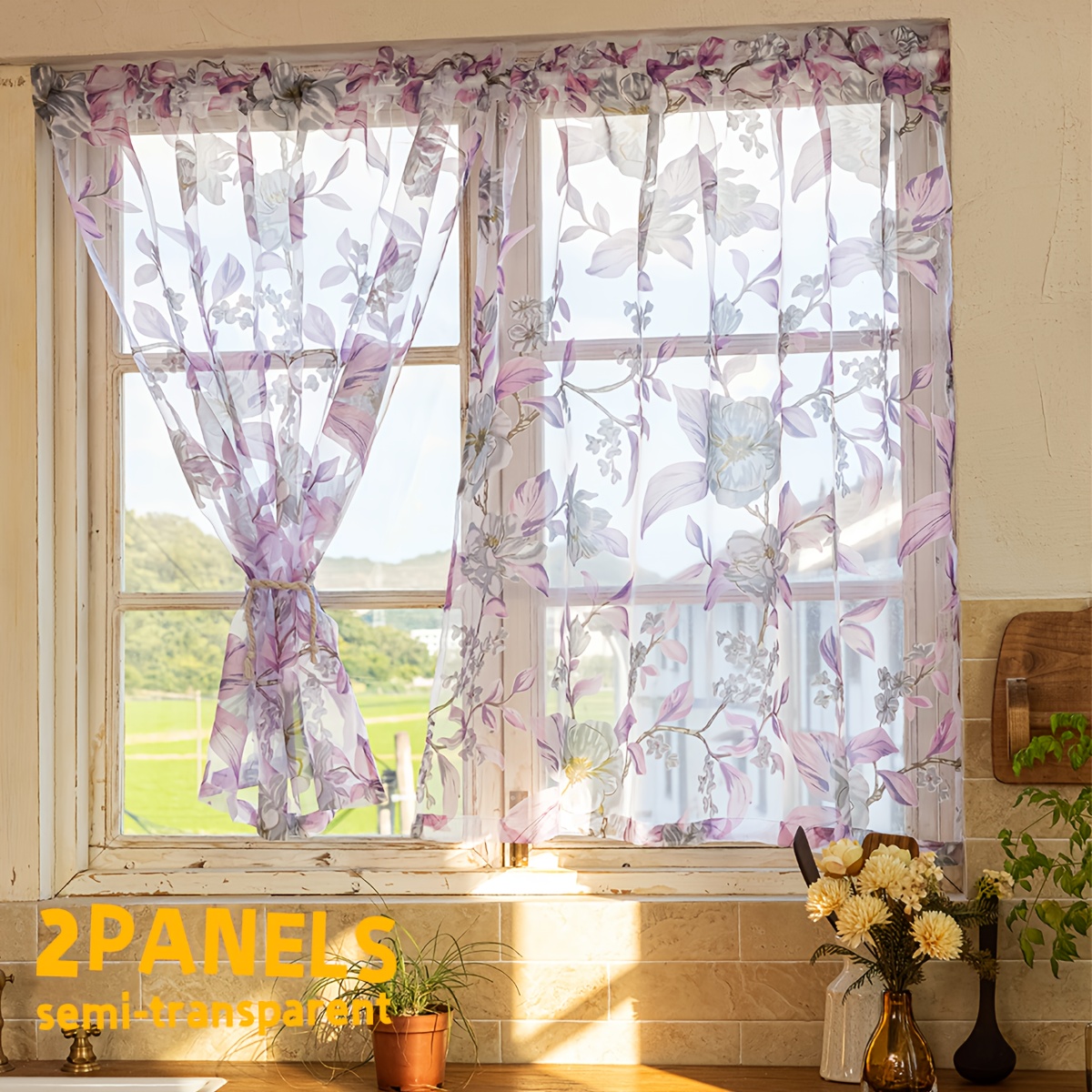 E-shop Ein Set aus 2 klassischen, lila-blumenmusterierten, halbtransparenten Filtervorhängen mit Stangentaschen, geeignet für Schlafzimmer, Büros,
