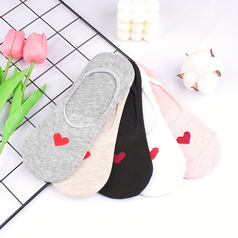 

5 Pairs Heart Pattern Socks, Sweet & Cute Invisible Valentine's Day Ankle Socks, Women's Stockings & Hosiery
