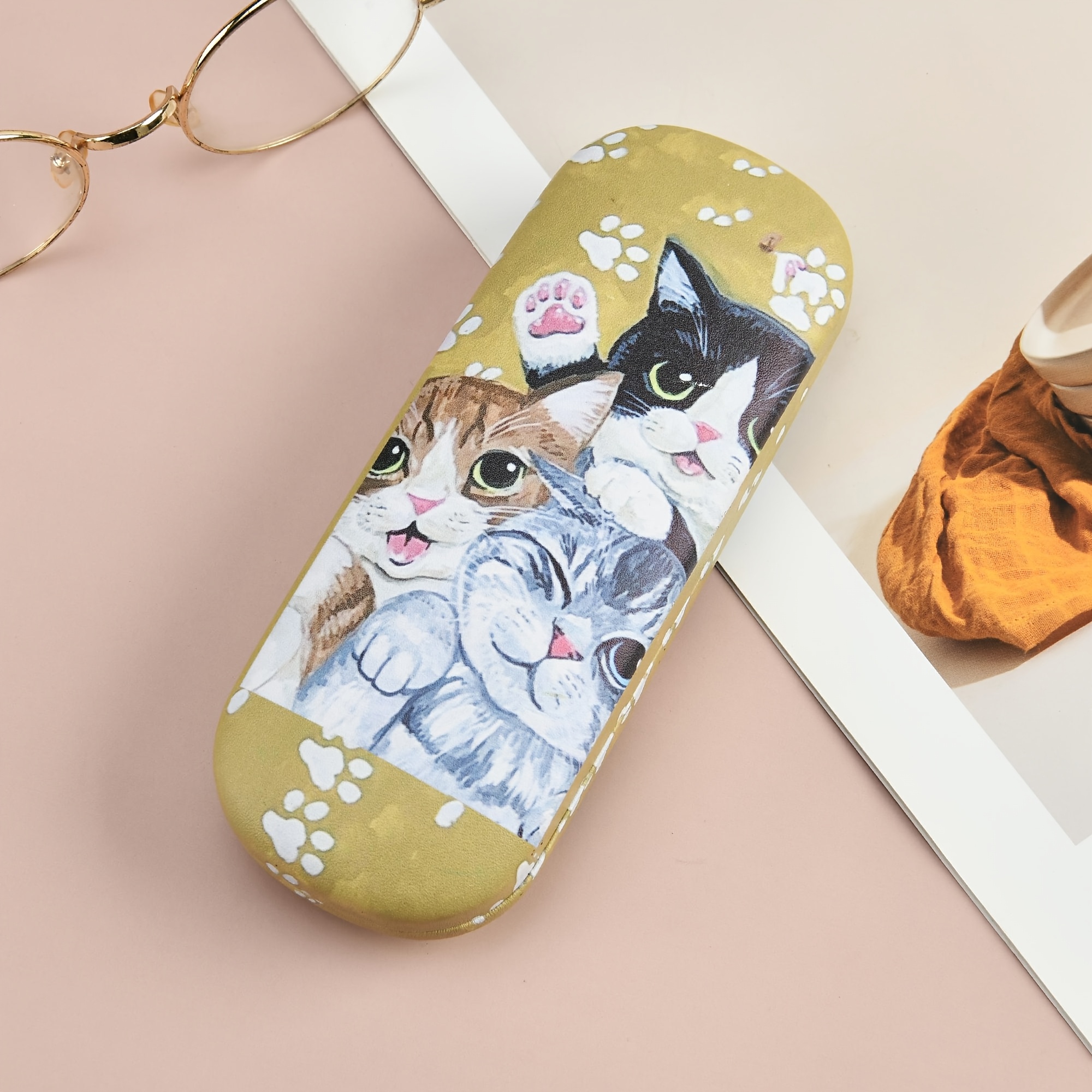 Cute Cat Print Glasses Case, Portable Storage Box
