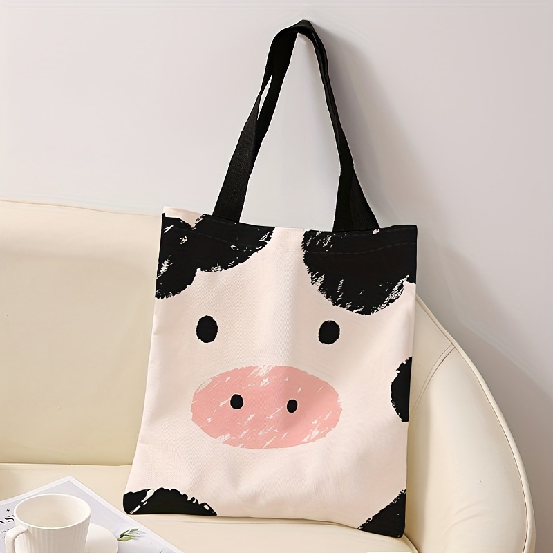 TEMU Women's Cartoon Cow Print Handbag - Reusable Polyester Shopping Bag With Black Handles, & Pink Accents, Lightweight High-quality Casual Handbag For Everyday Use, Reusable Shopping Bags