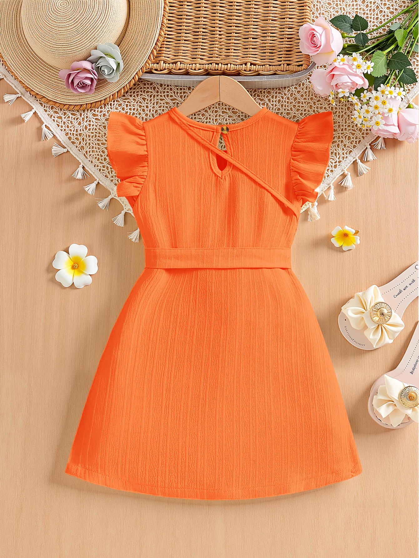 Elegant Green Ruffled Sleeve Dress for Girls with Bow Detail & Button Accents - Crew Neck, Non-Stretch Polyester, Machine Washable - Perfect for Summer Parties & Casual Outings, Girls Long Sleeve Dresses