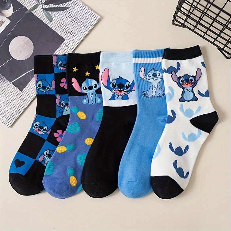

5 Pairs Of Men's Cotton Blend Anti Odor & Sweat Absorption Fashion Cartoon Stitch Pattern Crew Socks, Comfy & Breathable Socks, For Daily & Outdoor Wearing, Spring And Summer