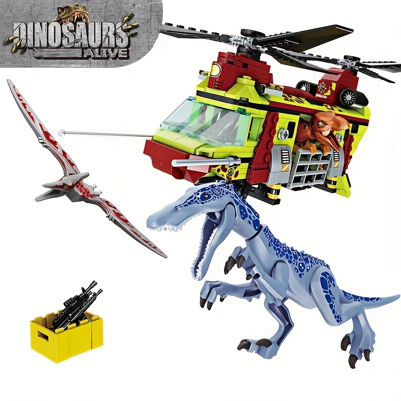 Image of Dinosaur Rescue Operation Building Blocks Animal Puzzle Assembled Toy Model Helicopter Boy Handmade Ornament Airplane Christmas Birthday Gift 585pcs