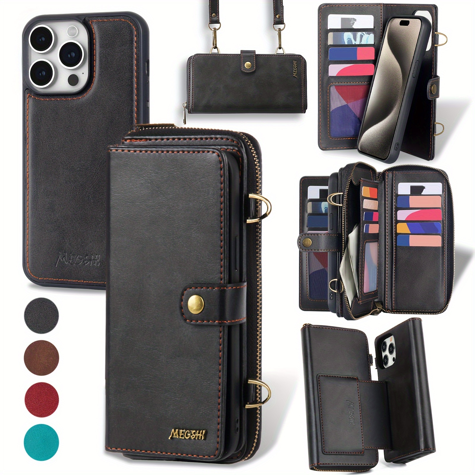 

Wallet Case For Iphone, Multi-function Detachable 3 In 1 Magnetic Phone Case Wallet, Flip Strap Zipper Card Holder Phone Case With Shoulder Straps