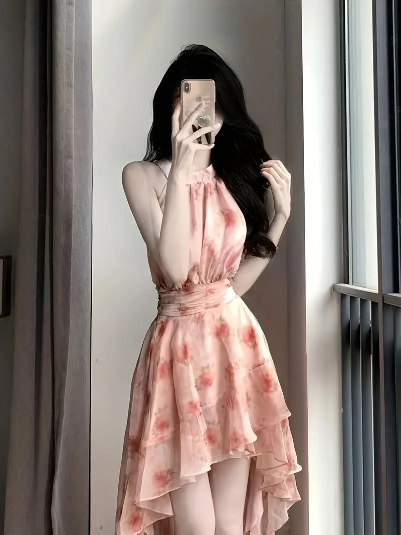 womens floral print neck sleeveless dress waist tie asymmetrical hem long dress for spring summer fall elegant korean japanese inspired fashion summer outfit contemporary design Product details 0
