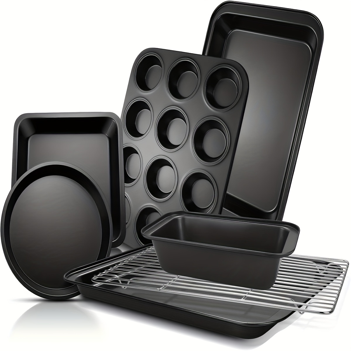 TEMU Set Of 7 Baking Pans, Bakeware, Includes Round And Square Cake Pans, Bread Pan, Muffin Tray, Cookie Sheet, Cooling Rack, Made Of Carbon Steel