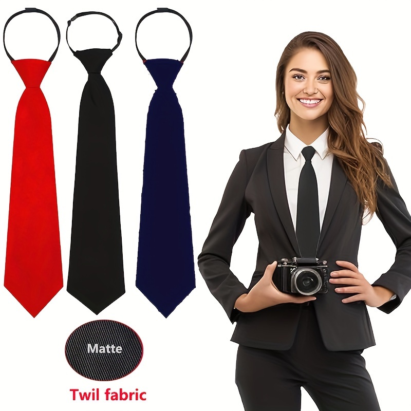 

Set Of 3 Women's 35cm (13.8 Inch) Solid Polyester Basics Neckties, Y-shaped Zippered Pre-tied, Matte Woven, Adjustable Length For Office, Campus, And Professional Wear