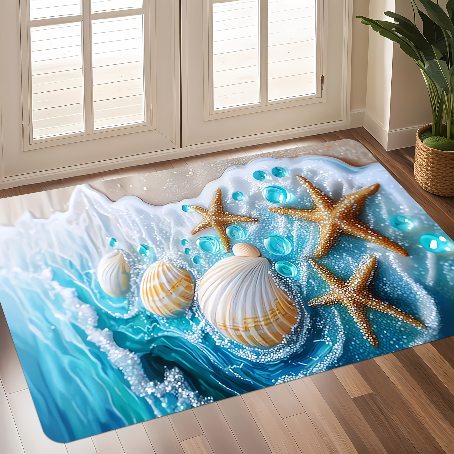 TEMU Product: A Beach-themed Doormat Featuring Shell And Starfish Designs, Soft And Comfortable, Absorbent, Suitable For , Playrooms, Living Rooms,