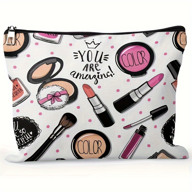 

Chic Lipstick & Foundation Pattern Canvas Makeup Bag - Spacious Zippered Toiletry Pouch For Travel, Perfect Gift For Women And Girls