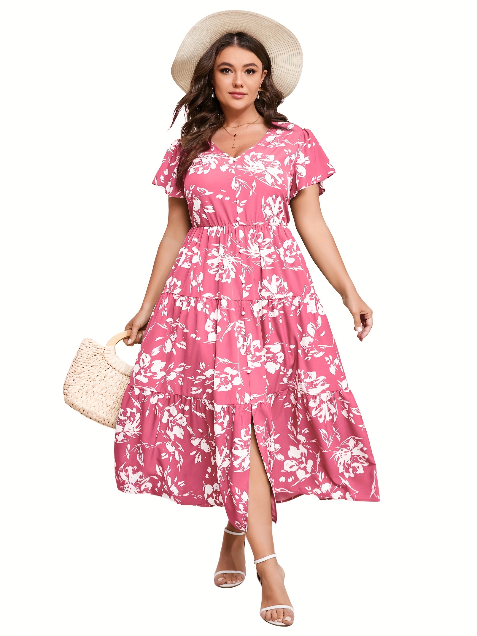 Women'S Plus Size Babydoll Summer Maxi Dress V Neck Ruffle Short Sleeve  Button Flowy Floral Dress
