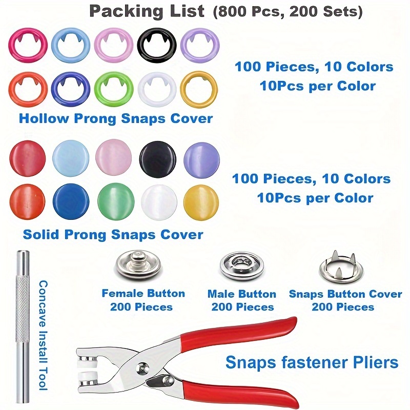 Image of 802pcs Snap Fasteners Tool Kit, Hollow And Snap Buttons With Setting Tools, Manual Copper Punching Set For Sewing Jeans, Clothing, Bags, Leather Crafts, 200 Sets In 10 Colors, 9.5mm