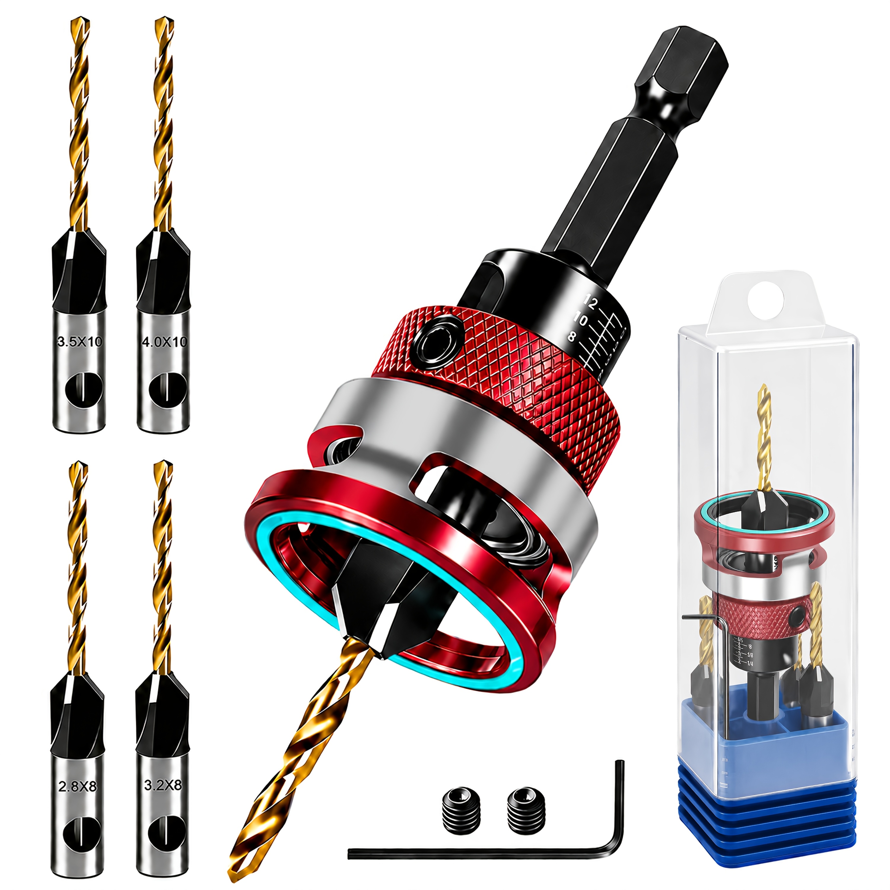 TEMU Red Nitride Bit Set, 4-slot Coated Hss-co Taper Drill Bits And Adjustable Depth Limit Rings, Easy Drilling, No Panel Damage, Suitable For 82