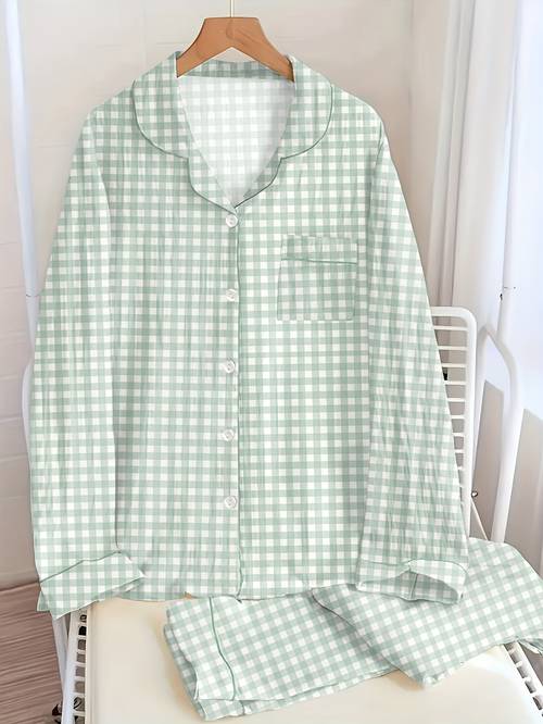 bubble plaid print long sleeve pants pajama loungewear set with button front opening suitable for outerwear