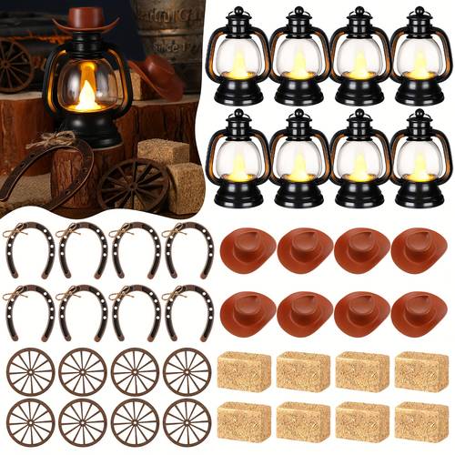 60pcs cowboy theme party decoration western party decor rodeo table centerpieces rustic country mini cowboy hat lantern horseshoe wagon wheel hay for adult cowgirl brown