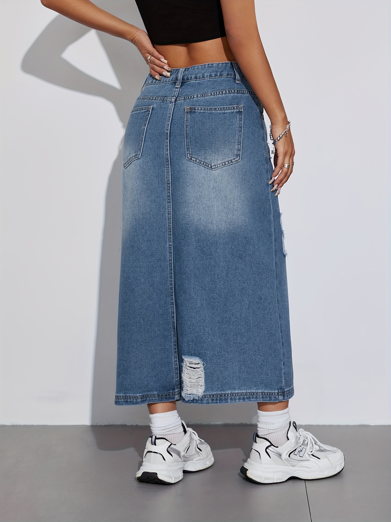 Denim Fabric High Waisted Ripped Jean Skirt Elegant High Waist