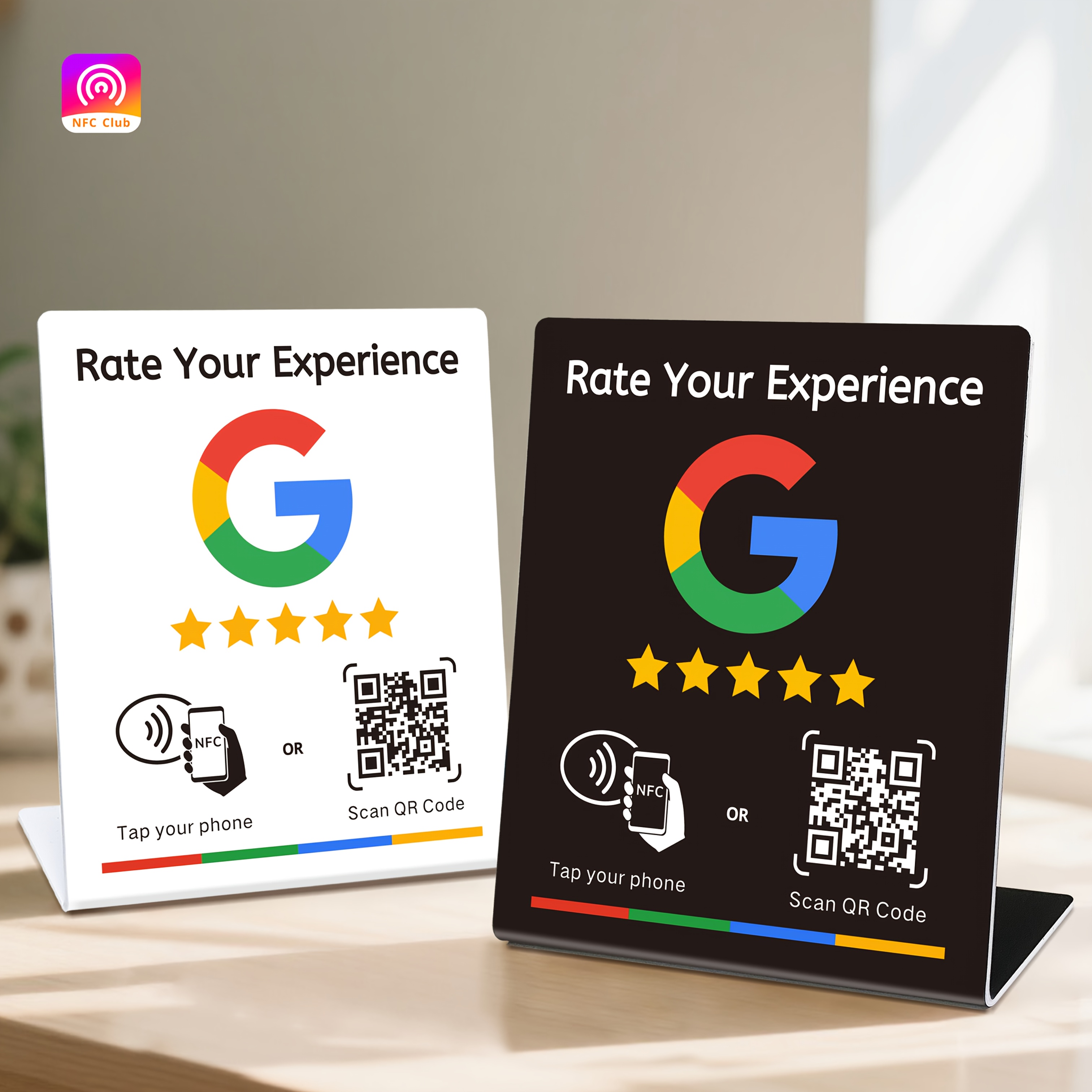 Présentoir d'intégration des réseaux sociaux d'entreprise - NFC TAP & Code QR, Configuration facile et gestion des liens de commentaires, Matériau PVC durable, Parfaitement compatible avec Google Reviews et l'intégration des réseaux sociaux, Présentoir de visualisation des réseaux sociaux
