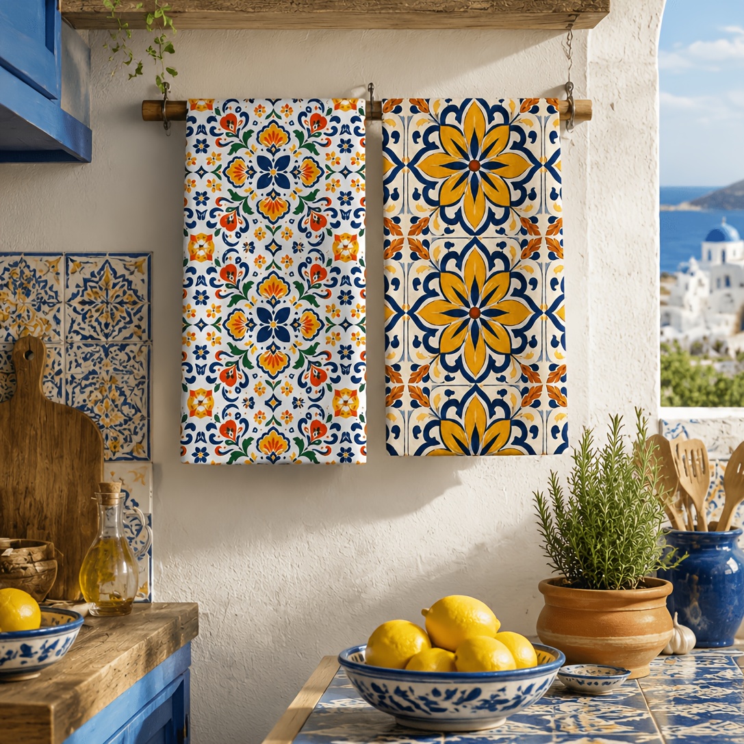 TEMU 2pcs Hand Towels With Mediterranean Floral Tile Patterns, Suitable For Kitchens And Bathrooms, Serving As Decorative And Practical Household