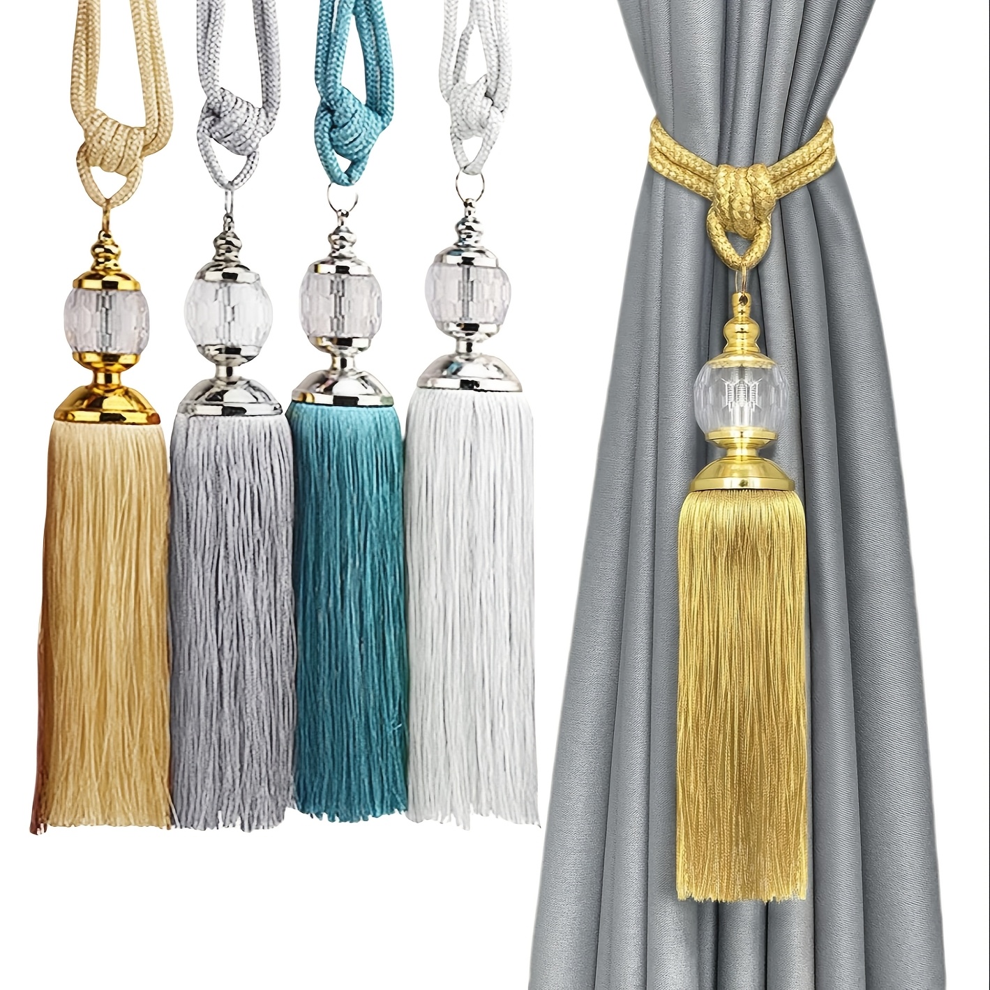 

2pcs Vintage Style Polyester Tassel Tiebacks For Curtains, Crystal Bead Holders, Elegant Hand-woven Farmhouse Ties With Rope