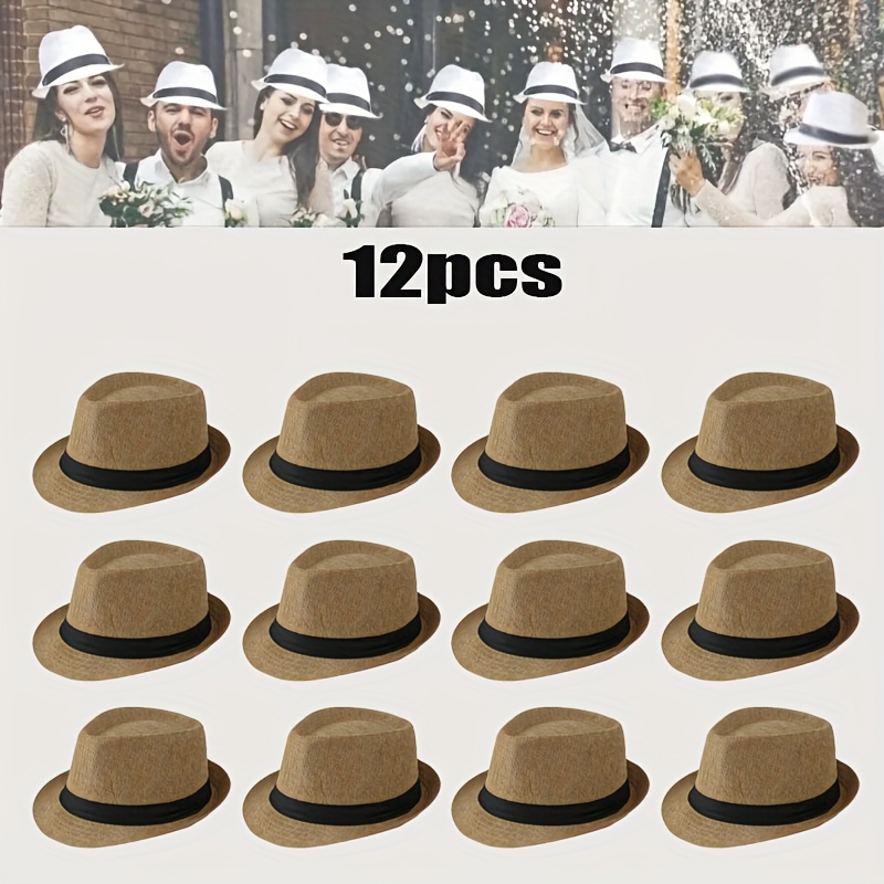 TEMU 12pcs Panama Solid Color Party Hat, Jazz Hat Unisex For Wedding And Birthday Parties, Beach Party Hat, Travel And Holiday Western Cowboy Hat,