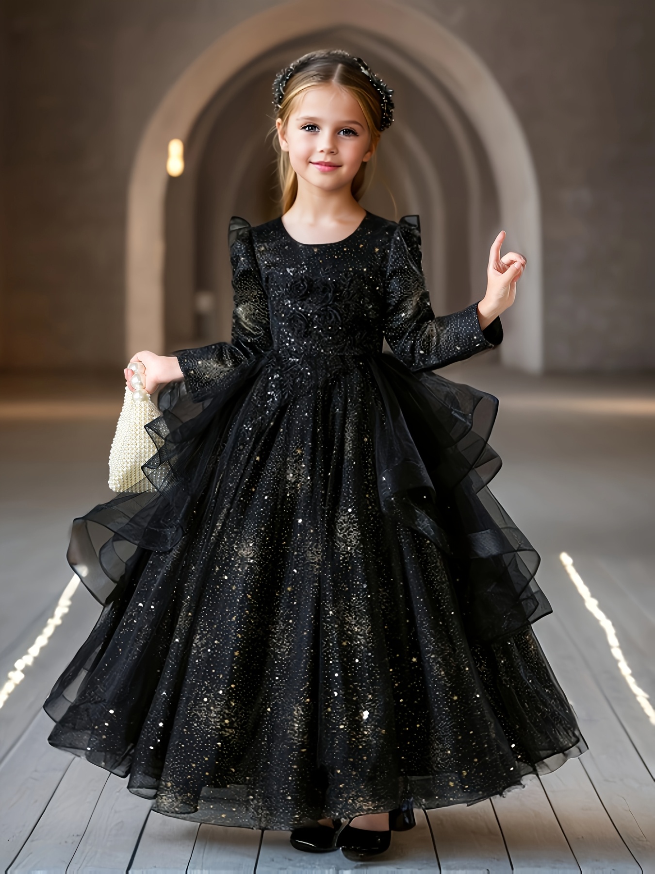 green emerald velvet dress Elegant Baby Girls Black Strapless Tulle Ball Gown Toddler Princess D –  marryshe main image 1