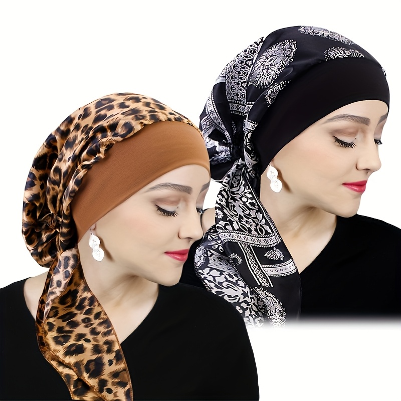 TEMU 2pcs Stylish Women's Stretch Wide-brimmed Printed Headscarf , Wrap , Pirate Hat, Printed , Used For And Outdoor Wea