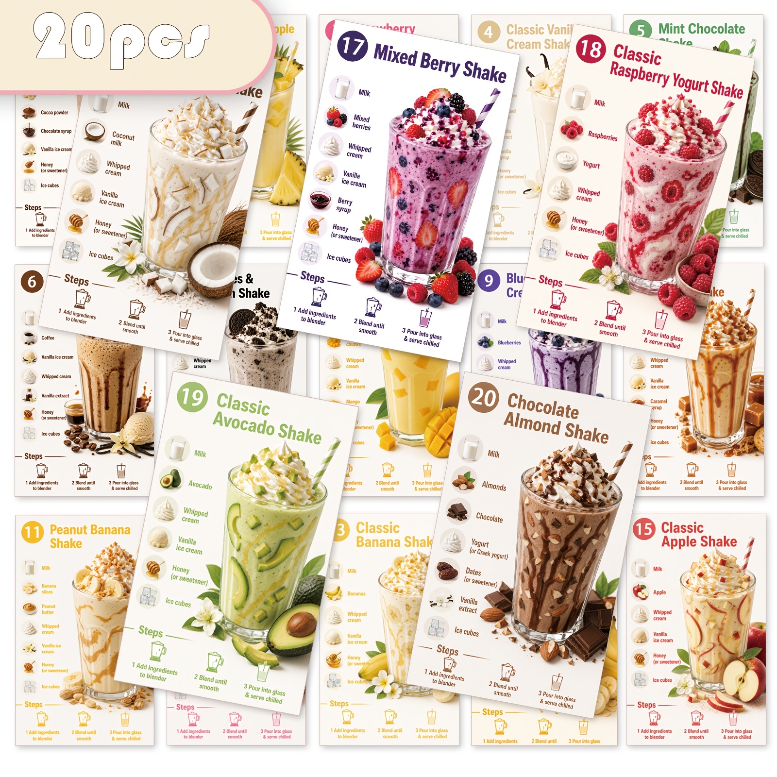 TEMU 20-page Milkshake And Smoothie Recipe Card Book - Includes 20 Flavor Chart Cards, Suitable For Home Kitchens, Beginners, Birthday Gifts, Summer