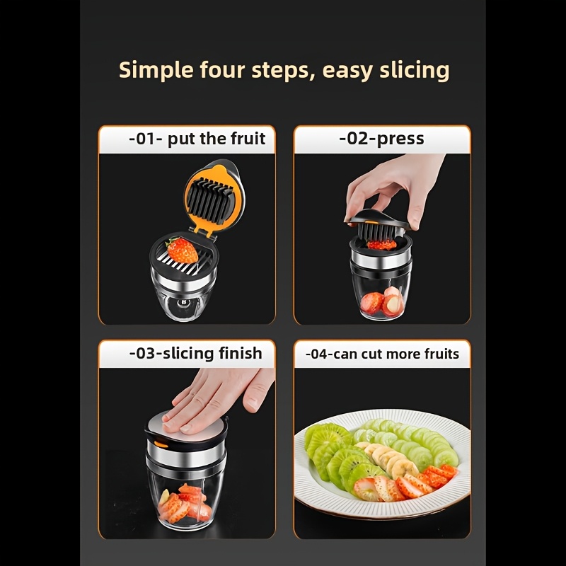 4 in 1 portable folding kitchen slicing tool strawberry pitter slicer with egg splitter 3 second safe cuts plastic silicone anti slip pad for camping picnics home use picnic accessories foldable design durable kitchen gadget Product details 5