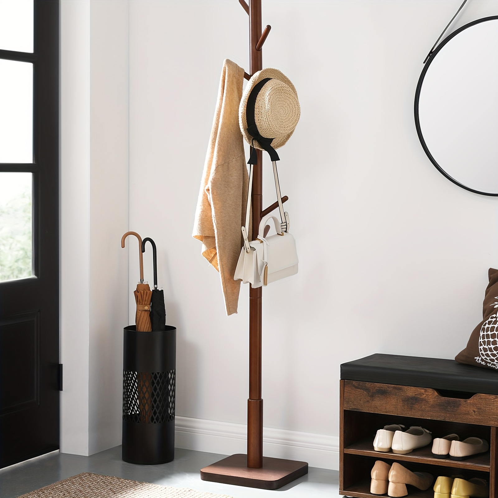 TEMU Porte-manteau en bois , arbre à manteaux autoportant avec 8 crochets, 3 options de hauteur, pour manteaux, chapeaux, sacs, sacs à main, pour