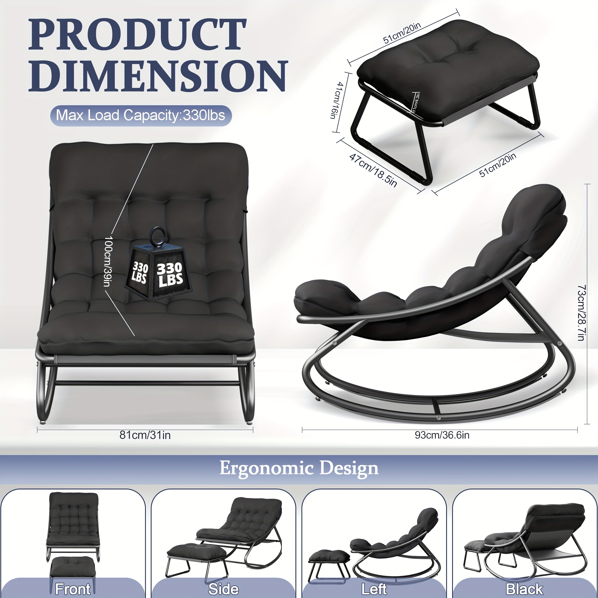 Oversized Rocking Chair with Cushion • Comfy Egg Glider Rocking Chairs Indoor with Footrest • Outdoor Patio Lounge Chair Rocker Chairs for Living Room Bedroom Balcony Porch
